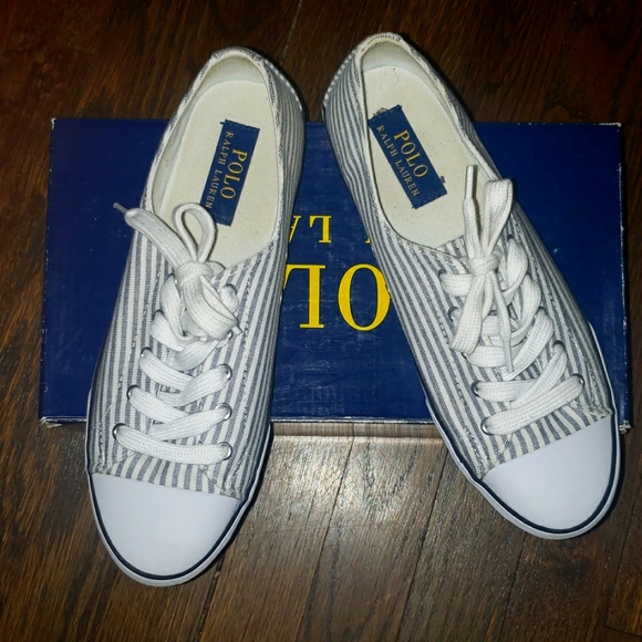 Polo ralph lauren navy cloth stripe sneaker.  Size 8.5. - Picture 3 of 4